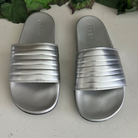 Adidas Womens Silver Metallic Slide Sandals Size 8 - Picture 1 of 8